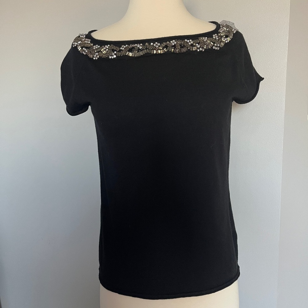 Jones NY October Black Jeweled‎ Beaded Top Cap Sleeve Embellished Shirt Top
